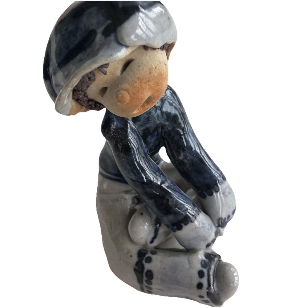 Vintage Chinese Shiwan Mud Boy Figurine Blue Drip Glaze Child Folk Pottery 4"